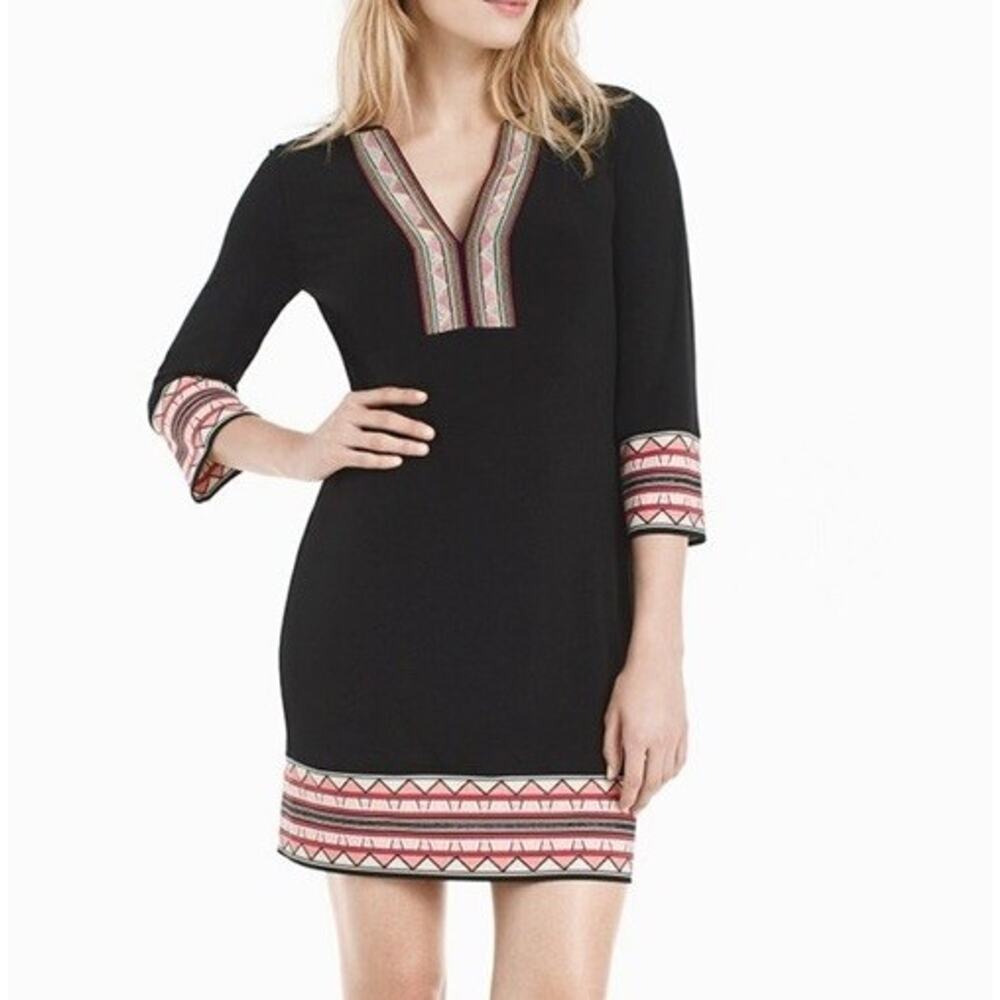White House Black Market embroidered shift dress black Boho Tribal Mini size XXS